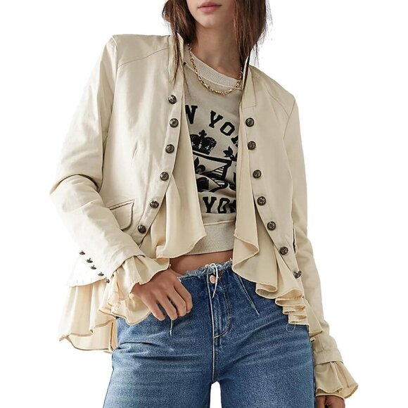 Women’s Beige Casual Ruffle Steampunk Blazer High Low Hem Cotton Jacket - Picture 2 of 7